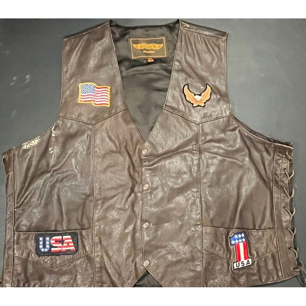 UNIK Premium Leather Brown Biker Motorcycle Vest Size‎ 56 BORN TO RIDE USA Patch